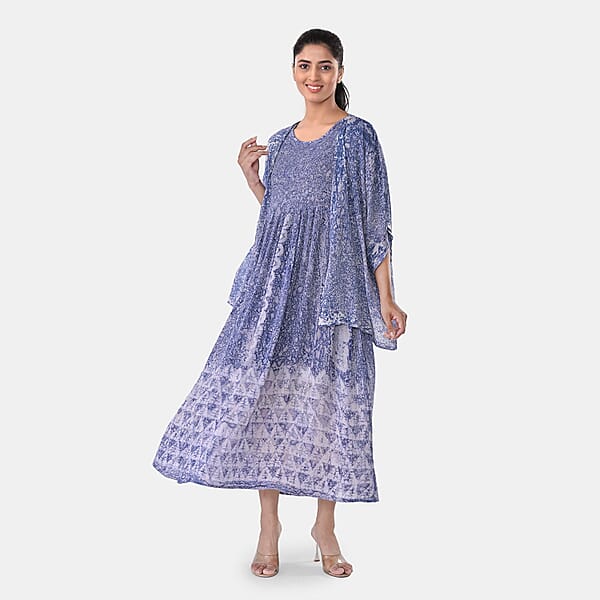 TAMSY Blue Smocked Sleeveless Dress With Kimono Twinset - One Size Fits Most