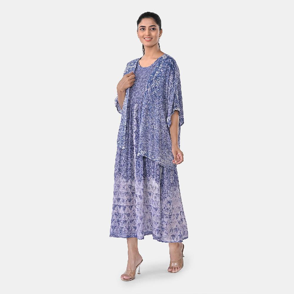TAMSY Blue Smocked Sleeveless Dress with Kimono Twinset - One Size Fits Most