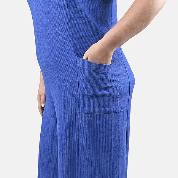 Tamsy Blue Solid Textured Double Rib Knit V-Neck Jumpsuit - L