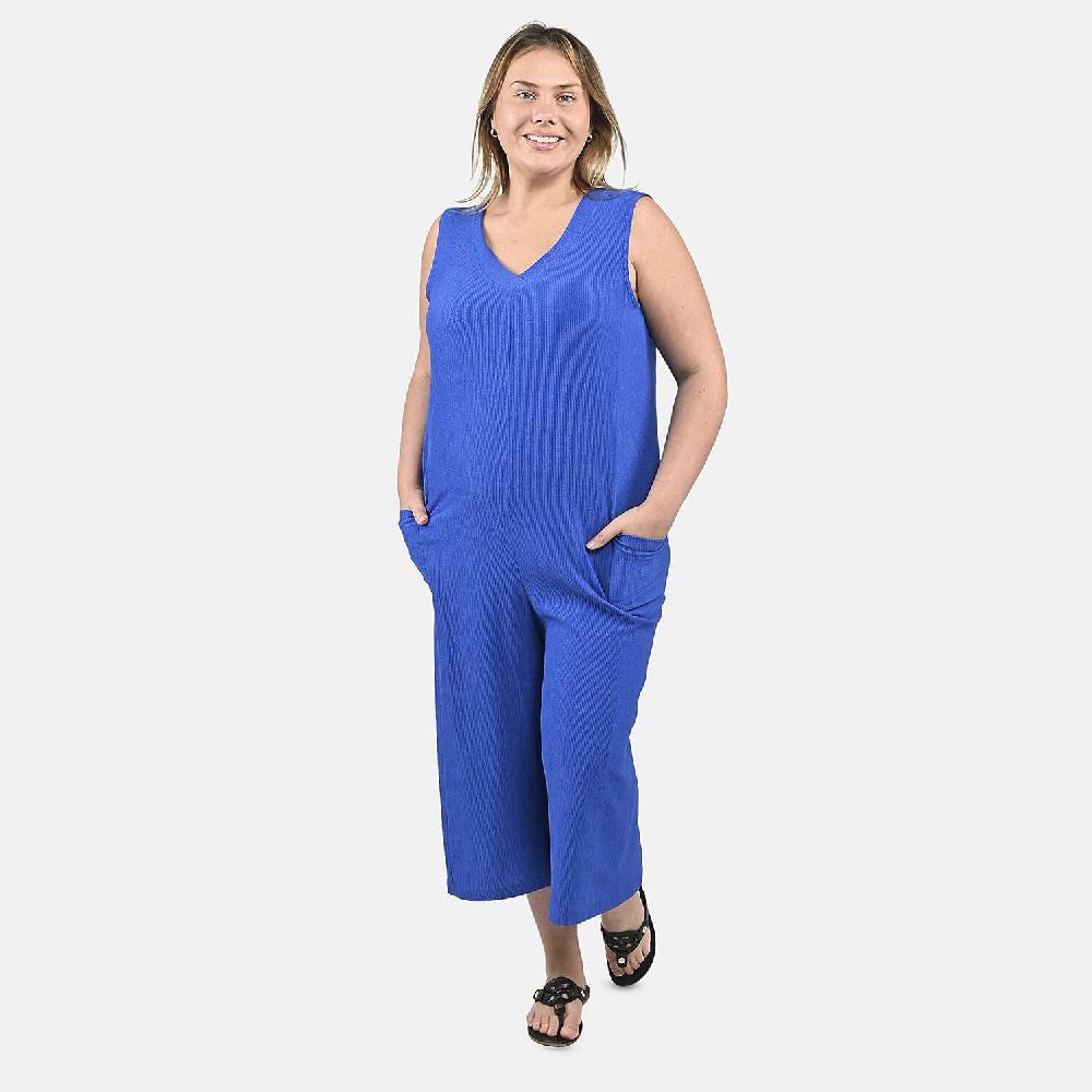 Tamsy Blue Solid Textured Double Rib Knit V-Neck Jumpsuit - L