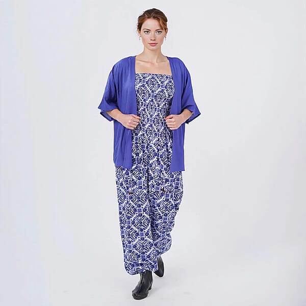 Tamsy Blue Tile Smocked Jumpsuit With Blue Kimono Set - One Size Fits Most