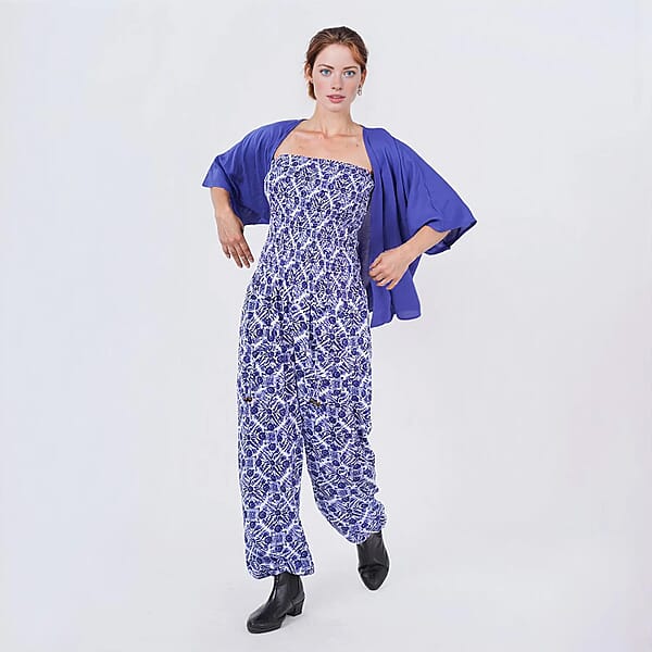 Tamsy Blue Tile Smocked Jumpsuit With Blue Kimono Set - One Size Fits Most