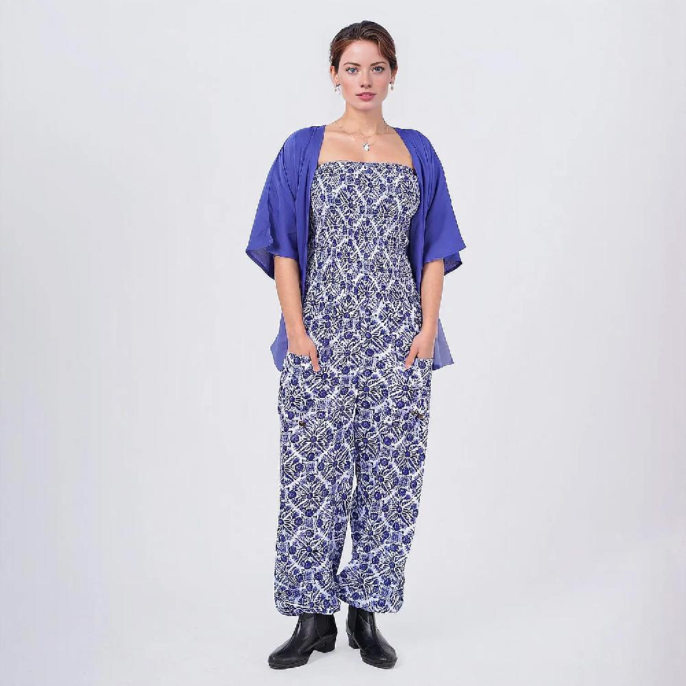 Tamsy Blue Tile Smocked Jumpsuit with Blue Kimono Set - One Size Fits Most