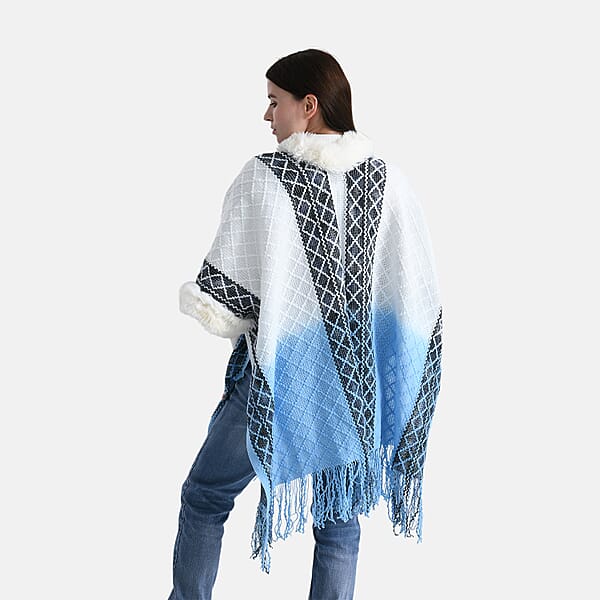 TAMSY Blue With Black Rhombus Embroidered Poncho With Faux Fur Trim And Fringe - One Size Fits Most