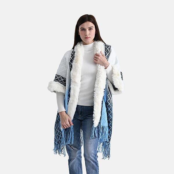 TAMSY Blue With Black Rhombus Embroidered Poncho With Faux Fur Trim And Fringe - One Size Fits Most
