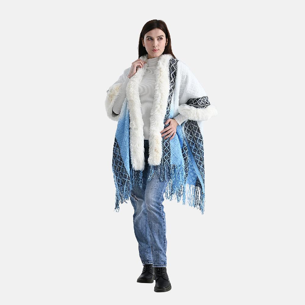 TAMSY Blue with Black Rhombus Embroidered Poncho with Faux Fur Trim and Fringe - One Size Fits Most