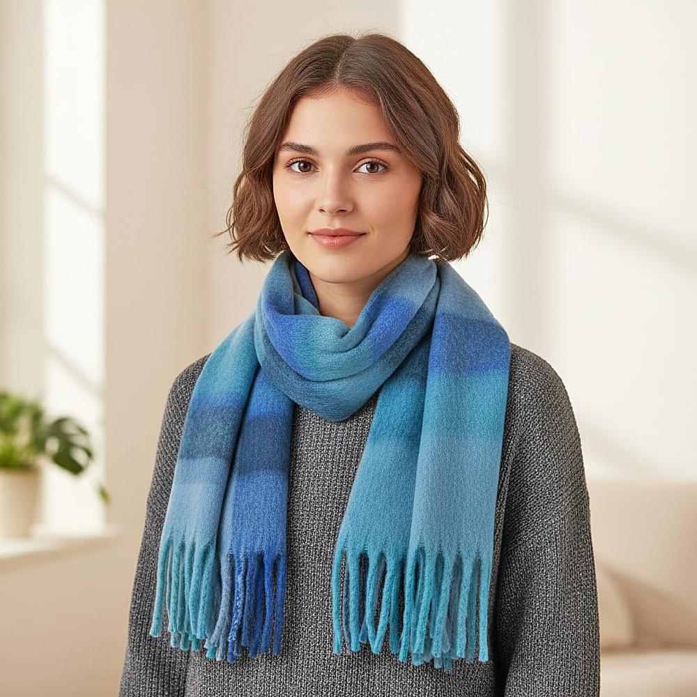 Tamsy Blue with Multi Color Scarf with Fringe