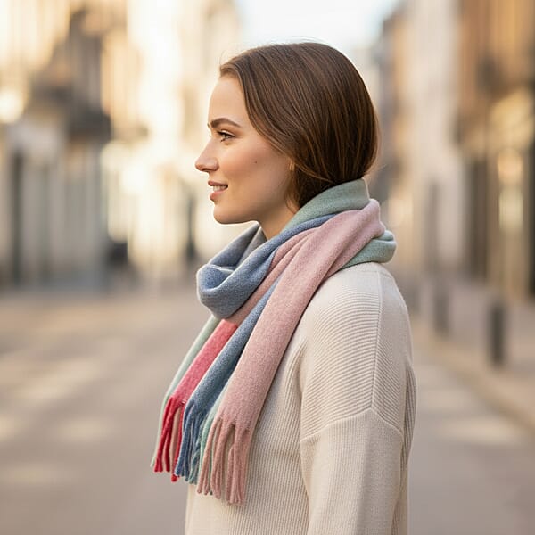 Tamsy Blue With Multi Color Scarf With Fringes