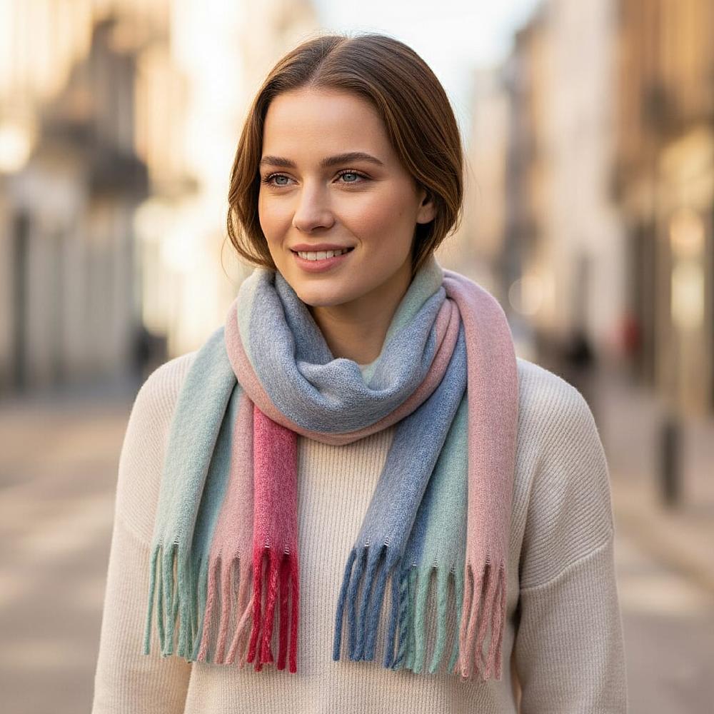 Tamsy Blue with Multi Color Scarf with Fringes