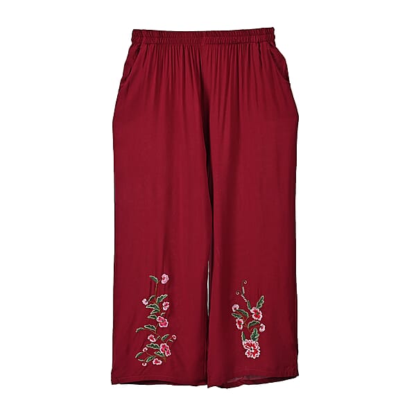 TAMSY Brick Red Floral Embroidered Lounge Pant With Two Pockets – One Size Fits Most