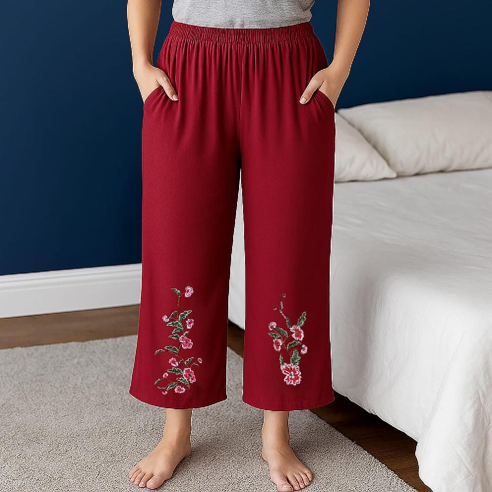 TAMSY Brick Red Floral Embroidered Lounge Pant with Two Pockets – One Size Fits Most