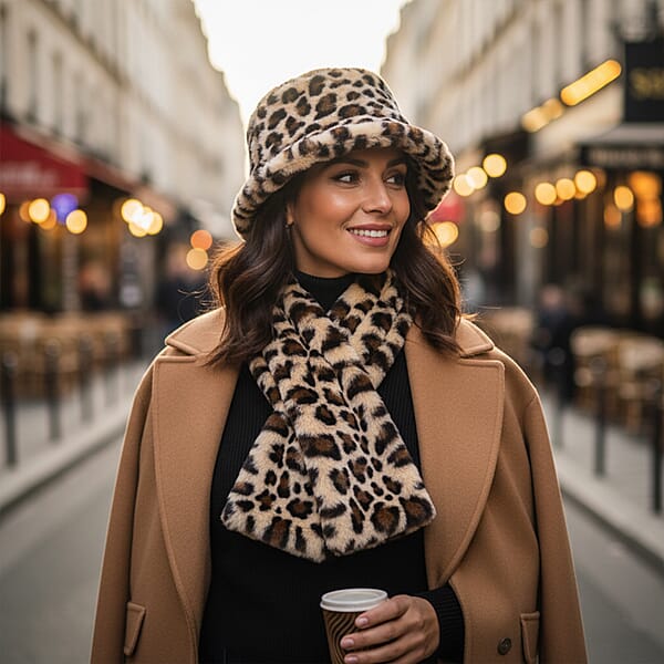 Tamsy Brown Leopard Pattern Faux Fur Set Of Bucket Hat And Scarf