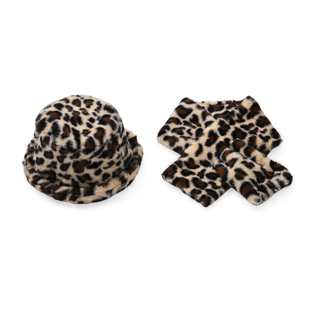 Tamsy Brown Leopard Pattern Faux Fur Set of Bucket Hat and Scarf