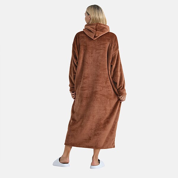 Tamsy Brown Long Fleece Hoodie Sweater Blanket With 2 Front Pockets