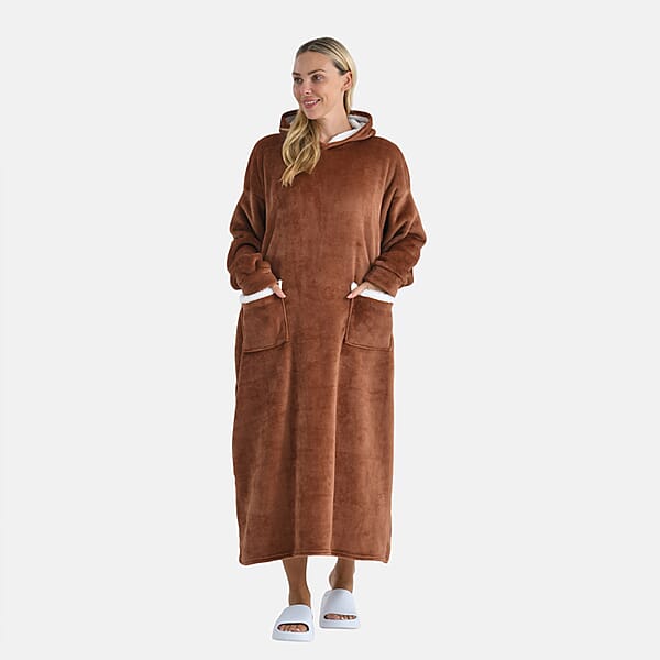 Tamsy Brown Long Fleece Hoodie Sweater Blanket With 2 Front Pockets