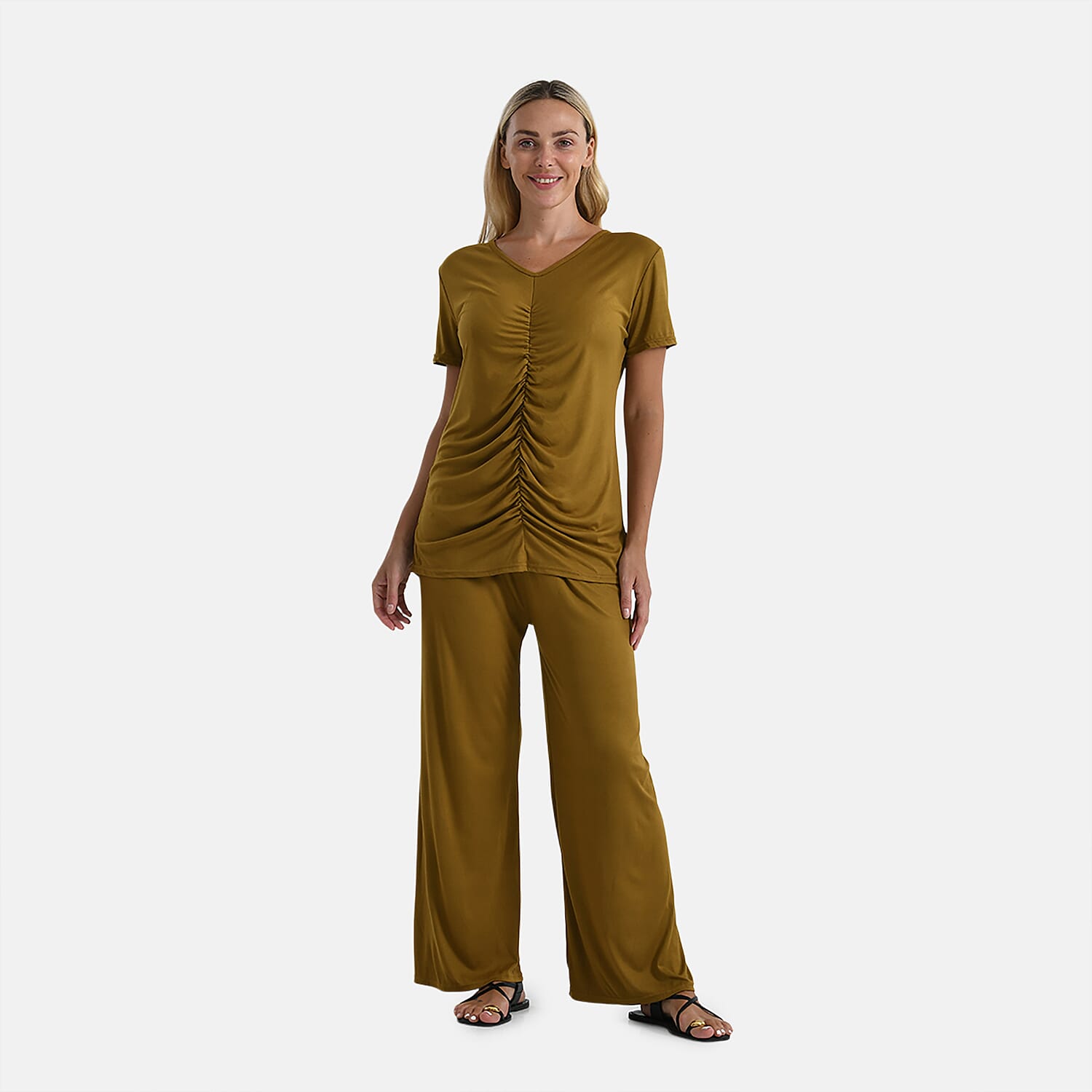 TAMSY Citrine Jersey Knit 2 Piece Set with Front Rouche – One Size Fits Most