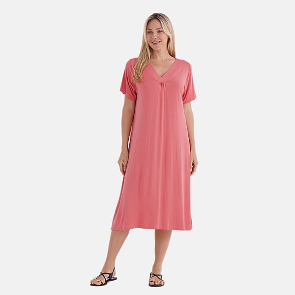 TAMSY Coral Solid Knit Summer House Dress With Sleeves - One Size Fits Most
