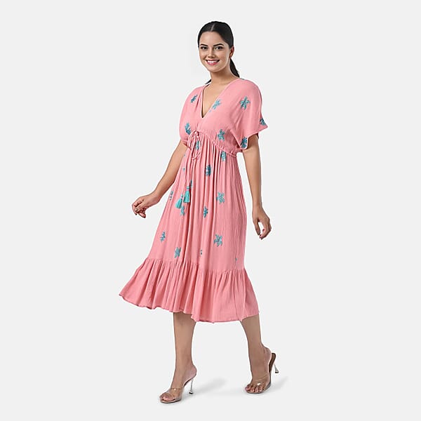 Tamsy Coral Summer Beach Midi Dress With Sequin Embroidery - One Size Fits Most