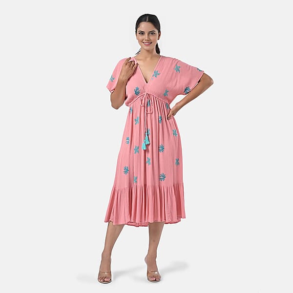 Tamsy Coral Summer Beach Midi Dress With Sequin Embroidery - One Size Fits Most