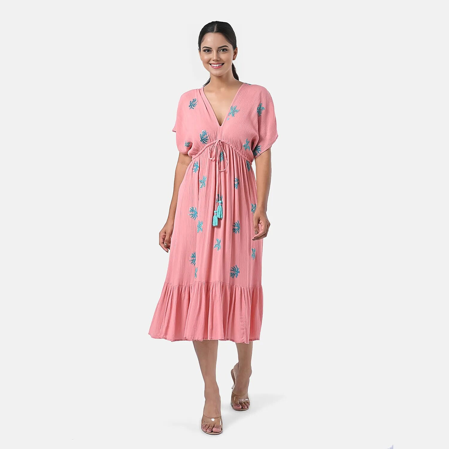Tamsy Coral Summer Beach Midi Dress with Sequin Embroidery - One Size Fits Most