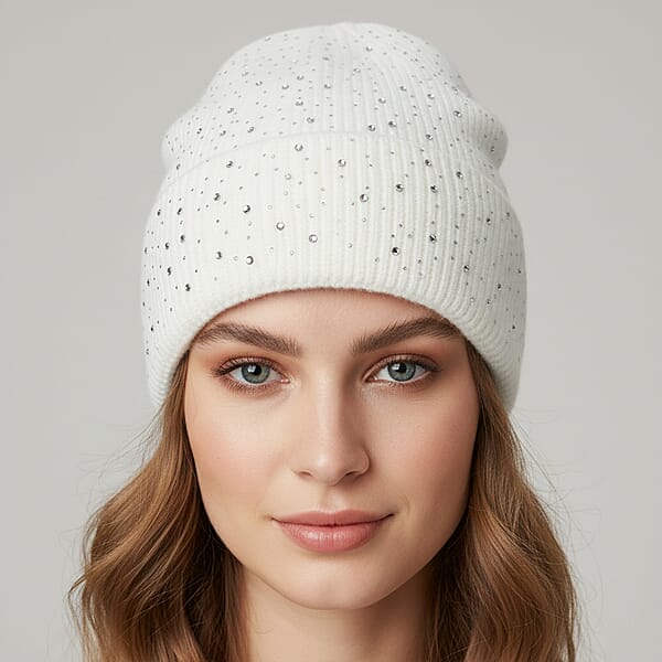 Tamsy Crystal Knitted 1pc Pompom Hat And 1pc Crystal Hat - White