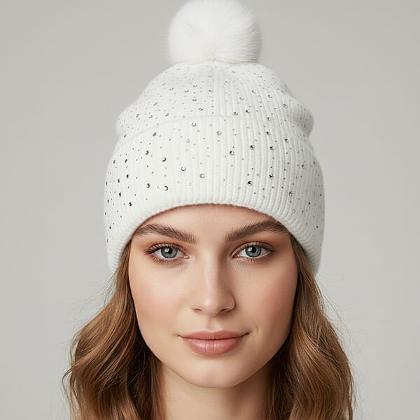 Tamsy Crystal Knitted 1pc Pompom Hat And 1pc Crystal Hat - White