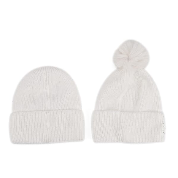 Tamsy Crystal Knitted 1pc Pompom Hat And 1pc Crystal Hat - White