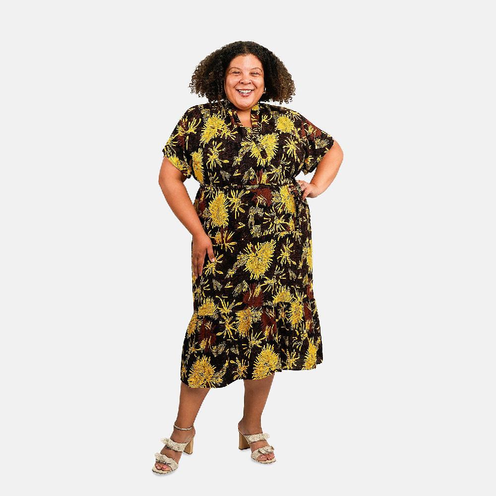 Tamsy Dandelion Front Placket Shirt Dress with Fabric Waist Tie - One Size Fits Most