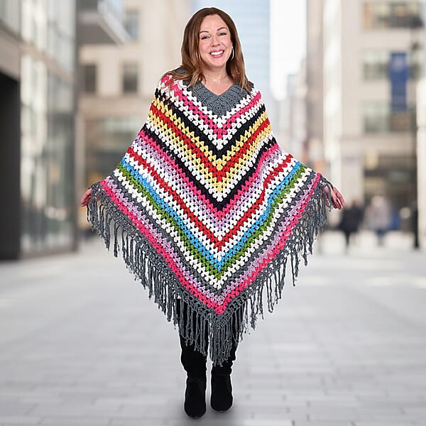 Tamsy Dark Gray With Multicolor Stripe Pattern Cotton Hand Chrochet Poncho - One Size Fits Most