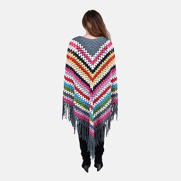 Tamsy Dark Gray With Multicolor Stripe Pattern Cotton Hand Chrochet Poncho - One Size Fits Most