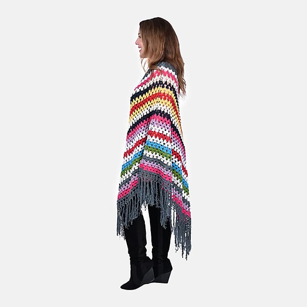 Tamsy Dark Gray With Multicolor Stripe Pattern Cotton Hand Chrochet Poncho - One Size Fits Most