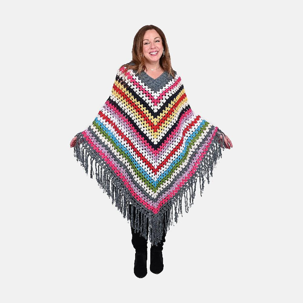 Tamsy Dark Gray with Multicolor Stripe Pattern Cotton Hand Chrochet Poncho - One Size Fits Most