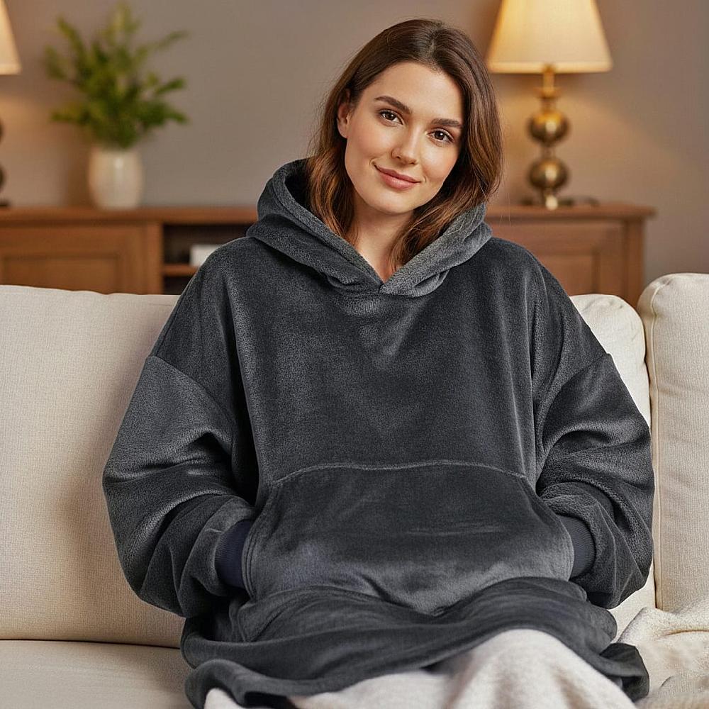 Tamsy Dark Grey Warm and Cozy Flannel Hoodie Blanket - One Size Fits Most