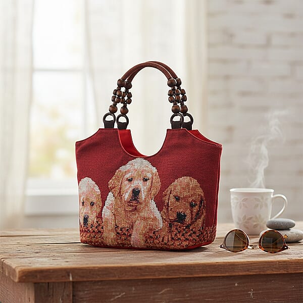 Tamsy Dogs Pattern Tote Bag With Wooden Beads Handle