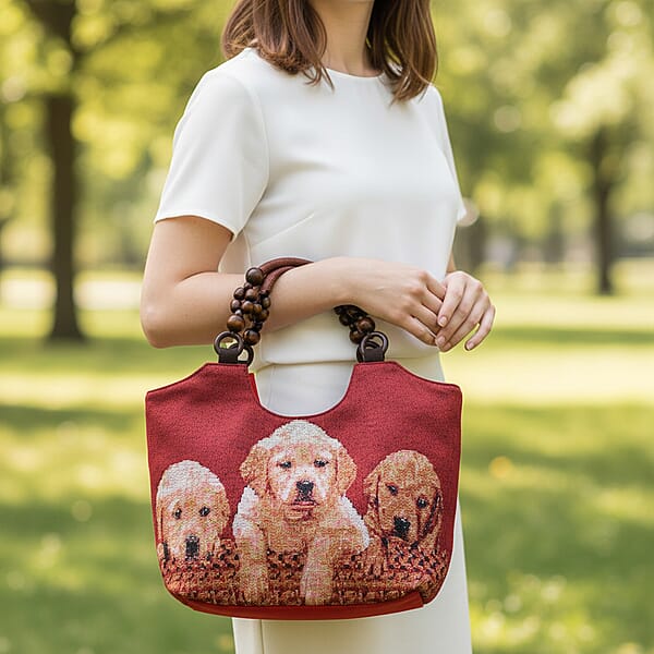 Tamsy Dogs Pattern Tote Bag With Wooden Beads Handle