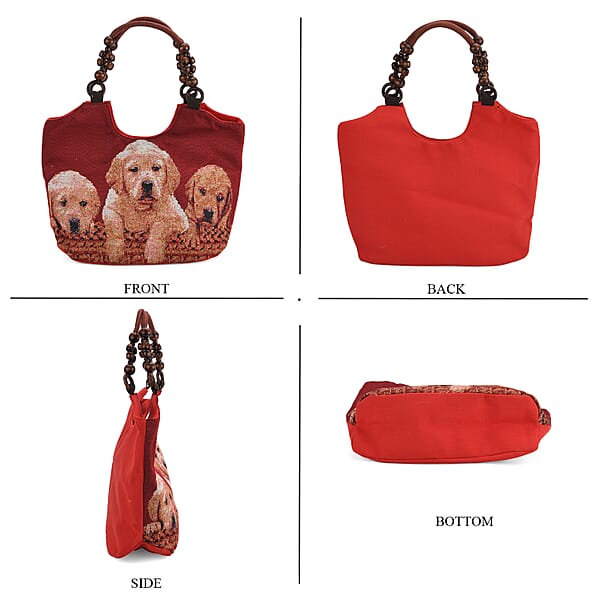 Tamsy Dogs Pattern Tote Bag With Wooden Beads Handle