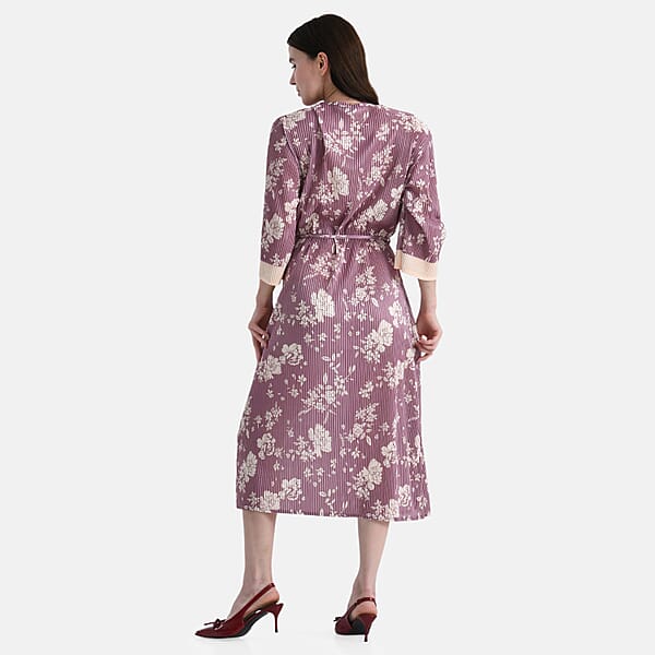 TAMSY Dusty Rose Pleated 3/4 Sleeve Midi Dress With Waist Tie Belt - One Size Fits Most