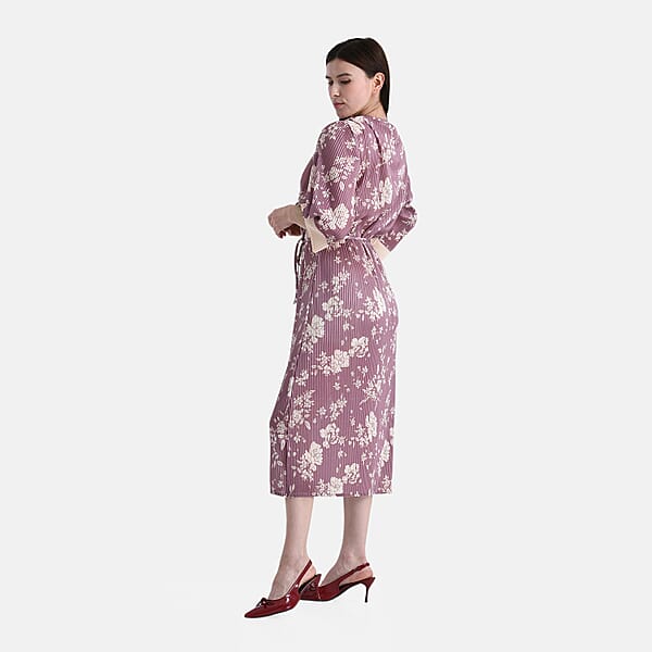 TAMSY Dusty Rose Pleated 3/4 Sleeve Midi Dress With Waist Tie Belt - One Size Fits Most