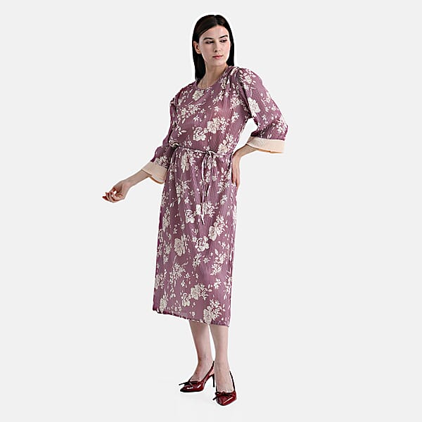 TAMSY Dusty Rose Pleated 3/4 Sleeve Midi Dress With Waist Tie Belt - One Size Fits Most