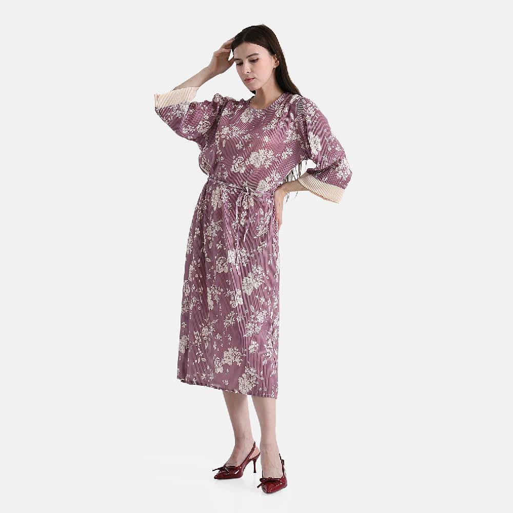 TAMSY Dusty Rose Pleated 3/4 Sleeve Midi Dress with Waist Tie Belt - One Size Fits Most