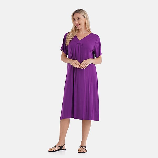 TAMSY Eggplant Solid Knit Summer House Dress With Sleeves - One Size Fits Most