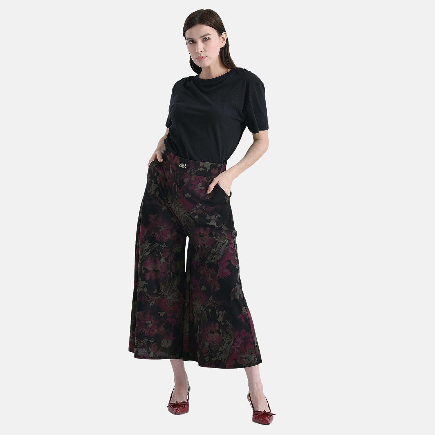 TAMSY Fuchsia Printed Wide Leg Capri Pant with Pockets - S/M