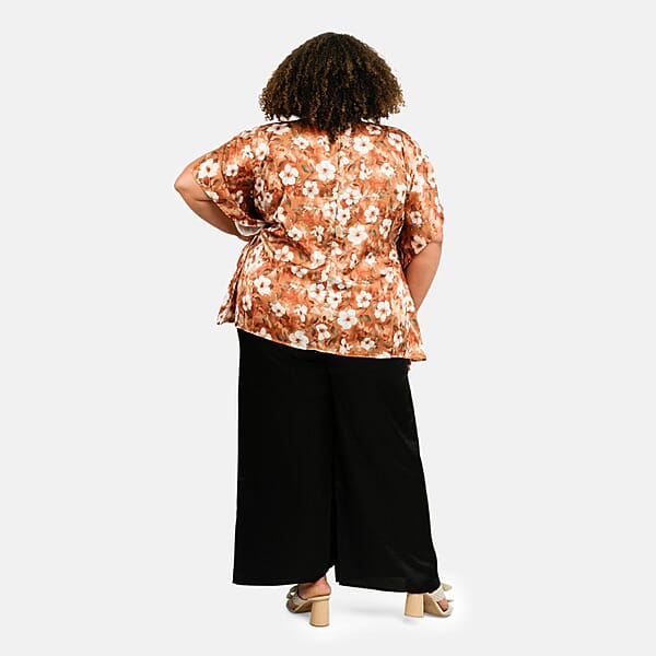 Tamsy Golden Floral Digitally Printed 2 Piece Satin Pant And Blouse Set - One Size Fits Most