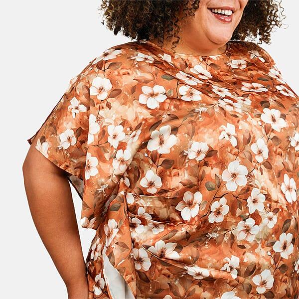 Tamsy Golden Floral Digitally Printed 2 Piece Satin Pant And Blouse Set - One Size Fits Most