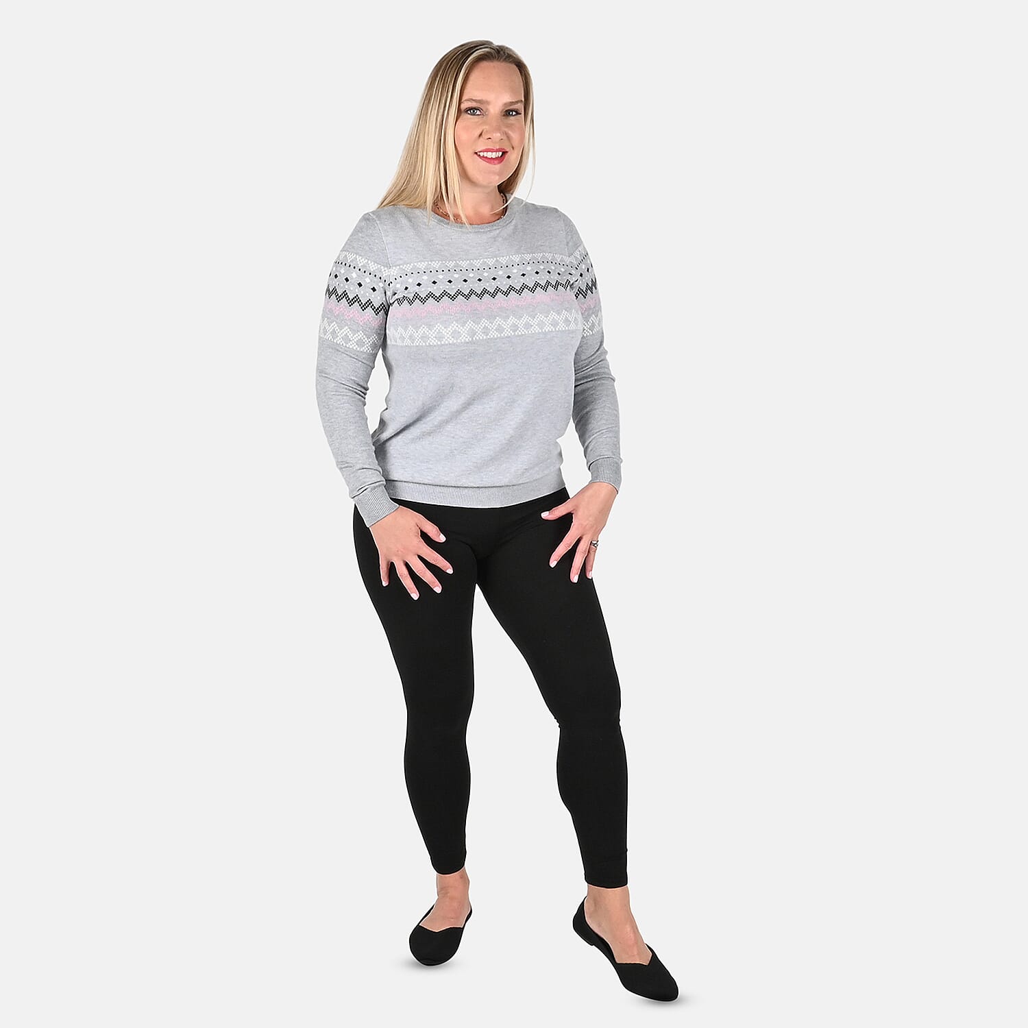 Tamsy Gray Knit Round Neck Sweater with Chevron Pattern - M