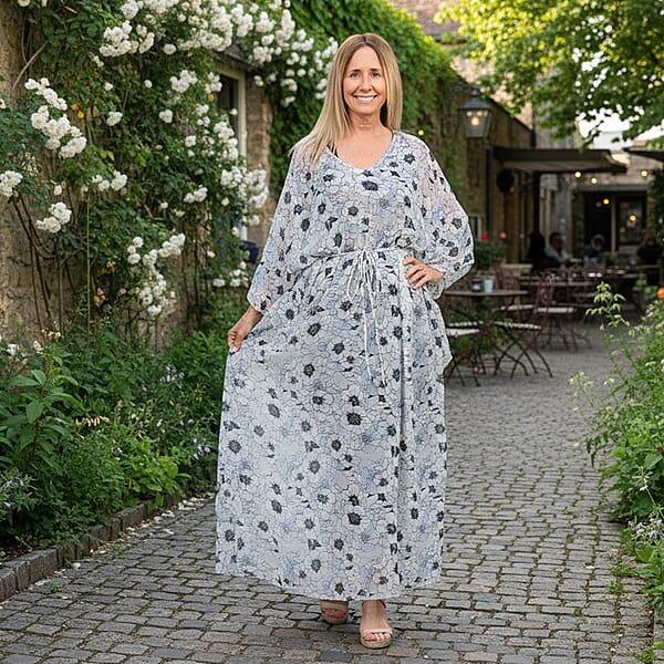 Tamsy Gray With Black Floral Printed Chiffon Kaftan Dress With Waist Tie Drawstring & Ruffle Hem - One Size Fits Most Holiday Dress Swimsuit Cover Up Beach Cover Ups Holiday Clothes