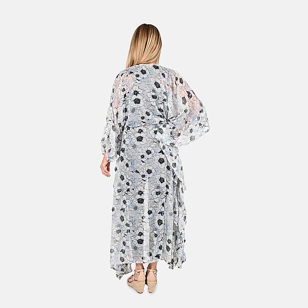 Tamsy Gray With Black Floral Printed Chiffon Kaftan Dress With Waist Tie Drawstring & Ruffle Hem - One Size Fits Most Holiday Dress Swimsuit Cover Up Beach Cover Ups Holiday Clothes