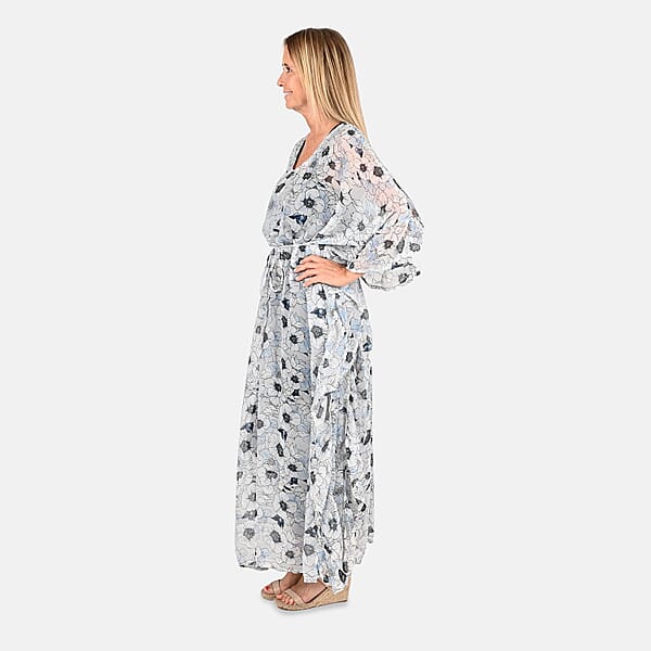 Tamsy Gray With Black Floral Printed Chiffon Kaftan Dress With Waist Tie Drawstring & Ruffle Hem - One Size Fits Most Holiday Dress Swimsuit Cover Up Beach Cover Ups Holiday Clothes