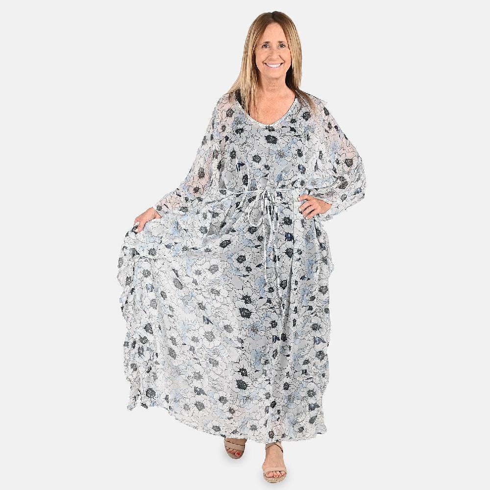 Tamsy Gray With Black Floral Printed Chiffon Kaftan Dress With Waist Tie Drawstring & Ruffle Hem - One Size Fits Most Holiday Dress Swimsuit Cover Up Beach Cover Ups Holiday Clothes