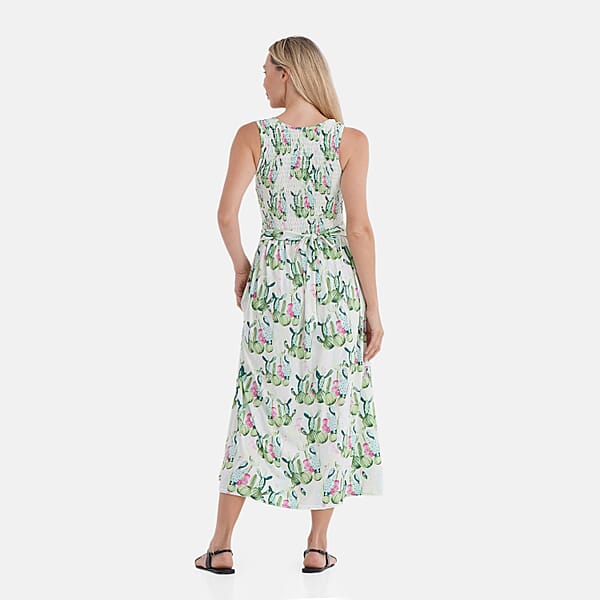 TAMSY Green Cactus Smocked Sleeveless Double Knit Dress With Waist Tie - One Size Fits Most